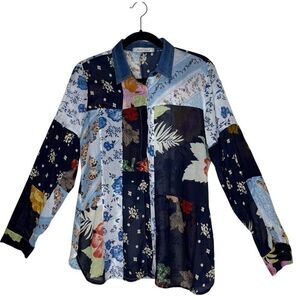 Michael Farrell Blue Floral Cotton Patchwork Button Down Shirt Size L Boho Chic